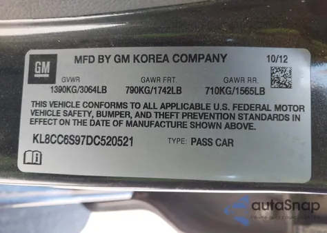 2013 Chevrolet Spark 1Lt Manual из США, поврежденный, VIN KL8CC6S97DC520521